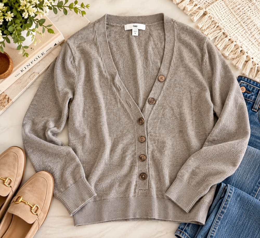 Gap Women's Small Taupe Gray V Neck Button Henley Lightweight Knit Sweater